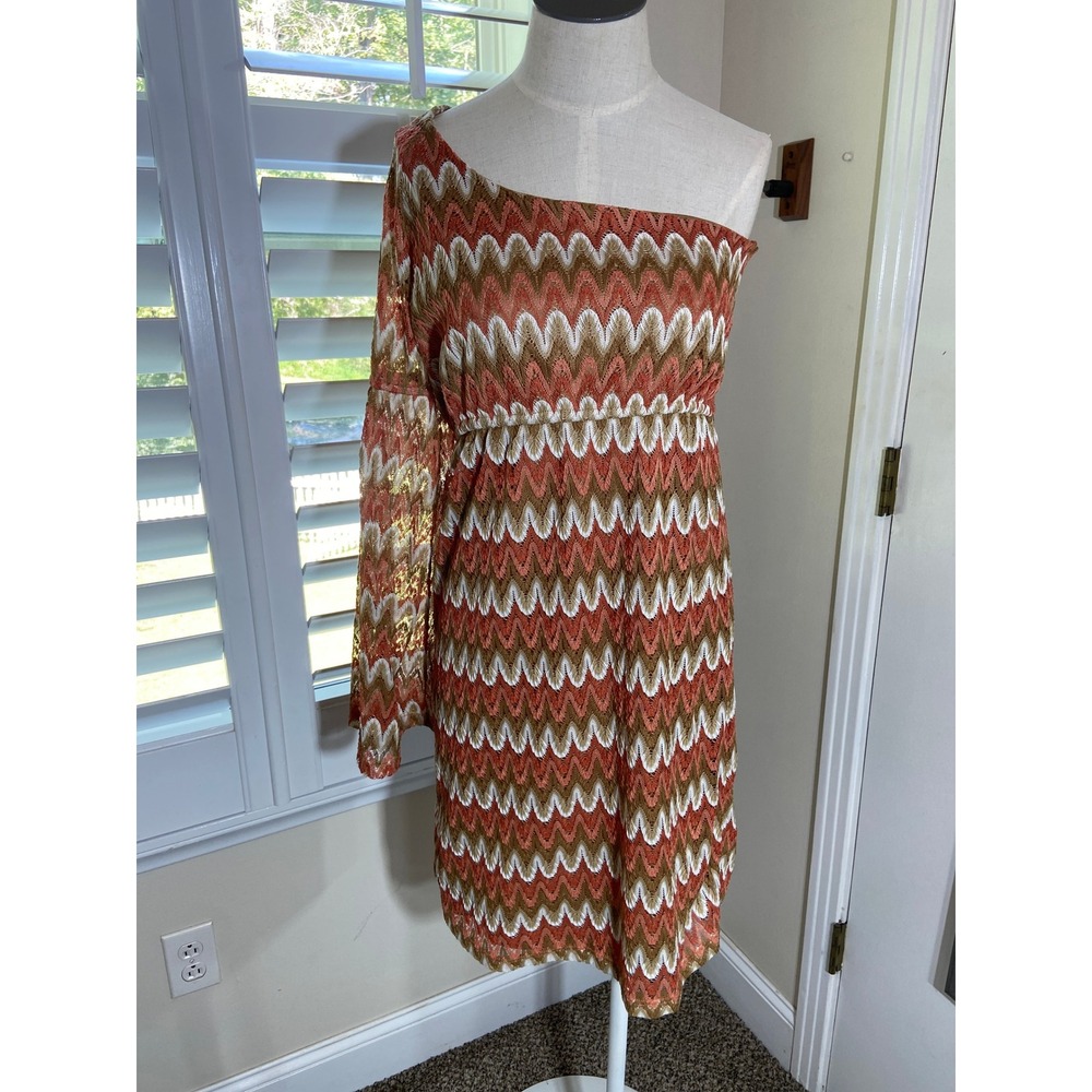 Judith March One Shoulder Dress L Rust Chevron Crochet Bell Sleeve Boho Retro